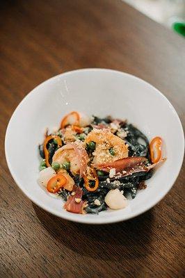 Seafood Chittara Negro, bay scallops, iberico ham