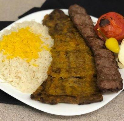 Steak Combo (Soltani) 
Skewers of charbroiled flat fillet mignon, ground beef, Grilled tomato & onion +white rice topped w saffron