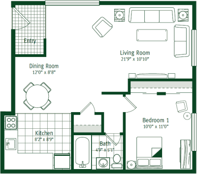 The Birch: 1 bedroom; 1 bathroom