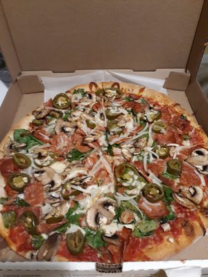 5-topping: linguica, onions, jalapeños, mushrooms, spinach. Best pizza ever!