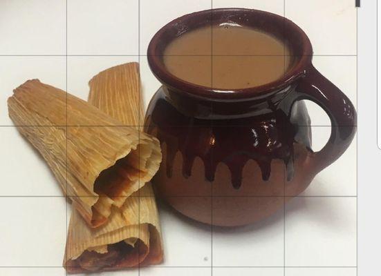 Our delicious champurrado and red pork tamales.