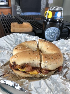 Extra-crispy bacon, egg, and cheese on a toasted everything bagel. Breakfast of champions.