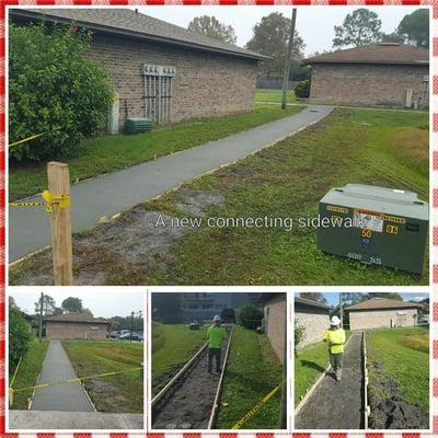 Concrete sidewalk poured in complex to connect two existing walks also a handicap access ramp not pictured.