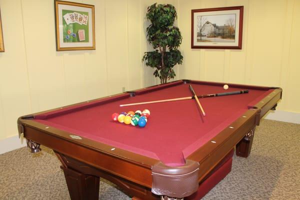 Game room with billiards, darts, large chessboard, and card table.