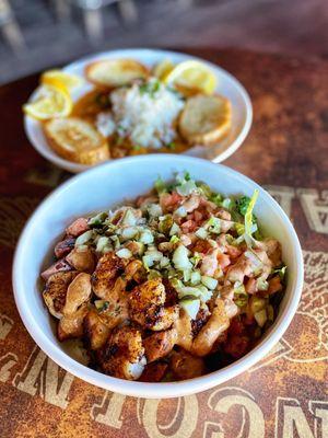 Blacked shrimp and sausage poboy bowl