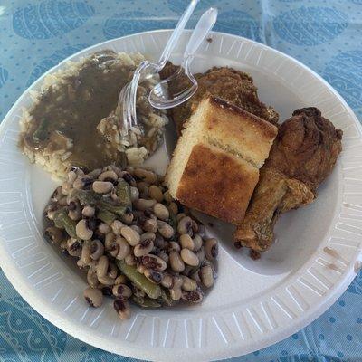 FC, rice n gravy, black eyed peas, CB.