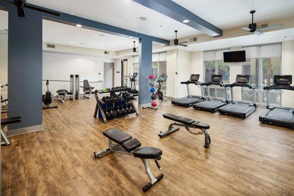 The Fitness Center is available 24/7 and has Life Fitness equipment.