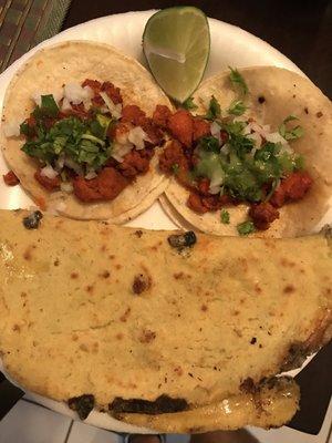 2 tacos al pastor and a quesadilla