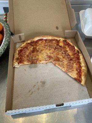 10" small New York cheese pizza, with two slices eaten in the car on the drive home.