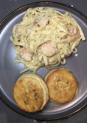 Creamy shrimp Alfredo w/ garlic butter biscuits!