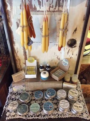 Handcrafted soap, healing salves, lip balm, pet products and hand dipped beeswax candles from our dear friend, Kelly at Soil Nature