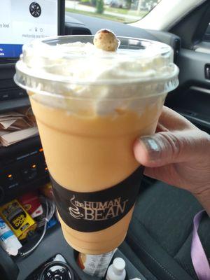 Peach smoothie... espresso bean on top