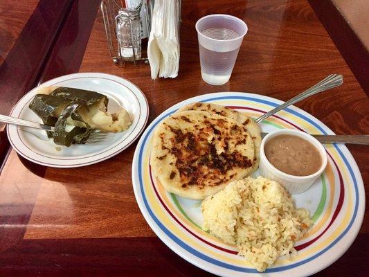 2 Pupusa platter and a chicken tamale. $8.99 for the platter, $2.50 for the tamale. Both on point.