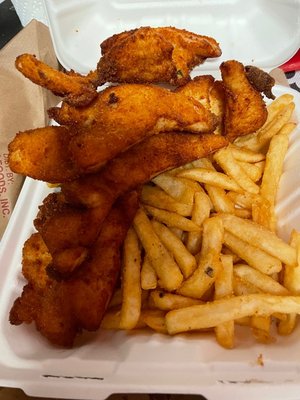 Tenders and fries.  Fries had a nice crunch even after transport.