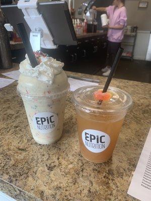 The shake is sugar cookie with sprinkles and it's a peach tea bomb on the left