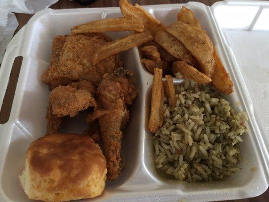 Three piece meal with potato wedges and Cajun rice. The rice was soggy and gross. Everything else was quite bland.