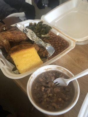 Black eye peas, Fried chicken, baked beans and collard greens