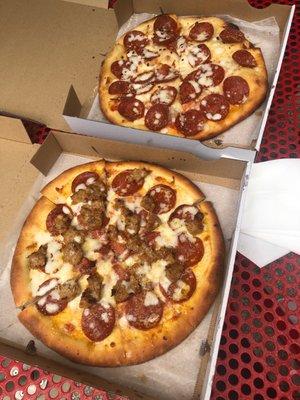 Sausage and pepperoni pizzas!