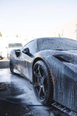 Our Ferrari F8 Tributo getting a quick bath. Sitting good on Rotiform wheels.