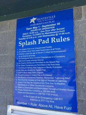 Splash pad rules and hours