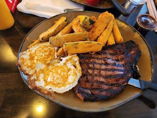 Ribeye steak and eggs with fried zucchini instead of bread for a $4 up charge