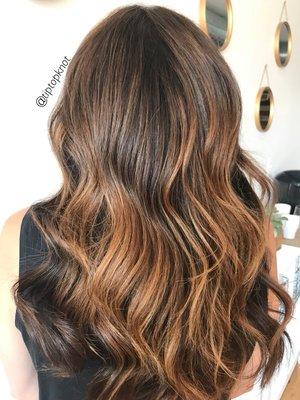 Balayage for depth and all over color for gray coverage.