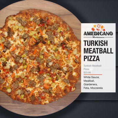 "Turkish Meatball Pizza" White Sauce, Meatball, Giardenera, Feta, Mozzerela