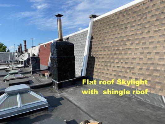 Flat roof with shingle roof