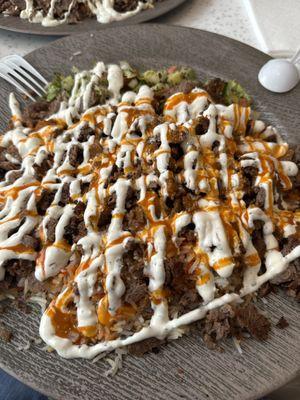 Beef Shawarma over rice with hot sauce