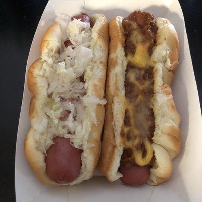 1/4 lb. hot dogs with sauerkraut and chili & cheese