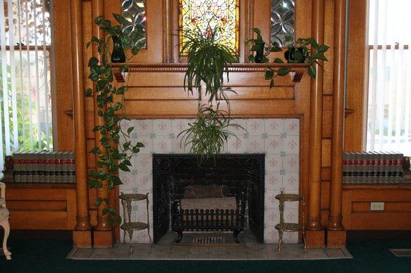 Fireplace in waiting room.