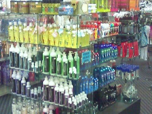 Just a sample of our giant selection of lubes, massage oils, shaving lotions and flavored body products.