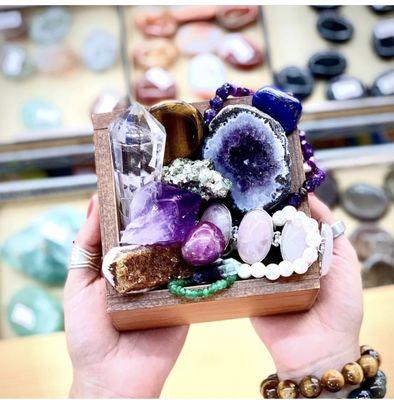 Chest of Gems, amethyst geode, tumble polished stones and quartz vogel crystal