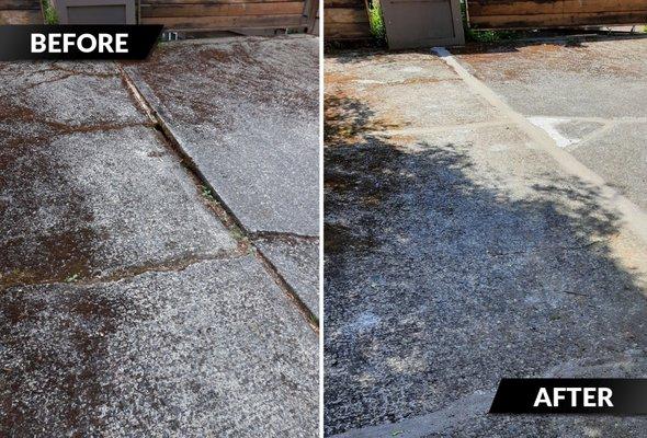 Before and after photos of a concrete driveway lift and repair project in Portland, Oregon.