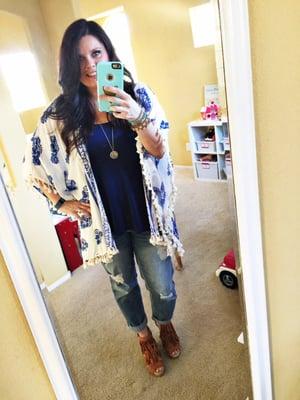 This Blue Bell Kimono, slimming tank, Chandler tank, boyfriend distressed jeans, and wedges all from KLR!