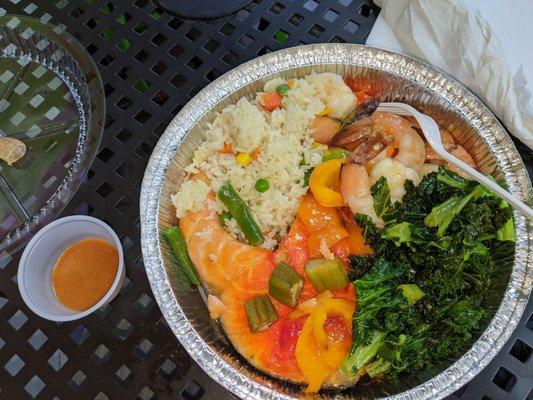 Salmon, shrimp, kale and vegetable rice.....