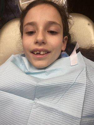 Being treated by a kind hearted Dr. Teplitsky on a Friday night to save her permanent tooth and smile!