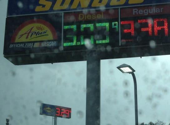 False advertising at its finest. Hwy sign says $3.29, but pump is $3.38. When ASKED about it, their excuse was construction.