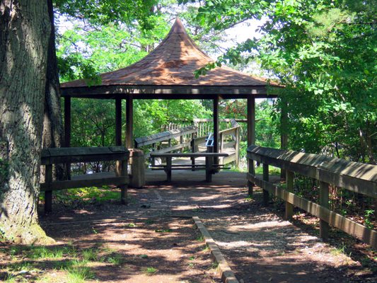 A view of the covered pavilion from the trail.