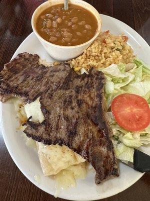 #14 Capitan Plate, 2 Chicken Enchilada ( requested without sour cream) & Beef Fajita, rice & charro beans.