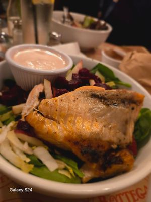 Salmone e Pere   Grilled salmon, baby spinach, endive, pears, toasted pecans red beets, cherry tomatoes, Raspberry dressing