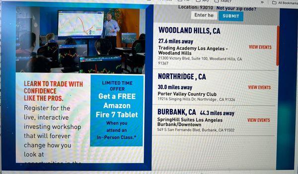 YouTube add from Trading Academy offering a FREE Amazon Fire 7 Tablet when you attend an In-person class.