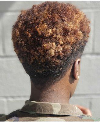 Natural short haircut with customized caramel highlights.