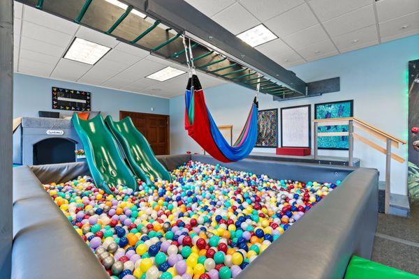 Our HUGE ball pit with dueling slides.