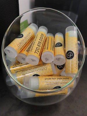 Lip balm giveaway at Corson Dentistry Greenwood Village