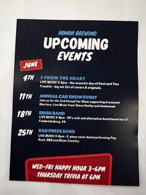 Event schedule for Honor Brewery.