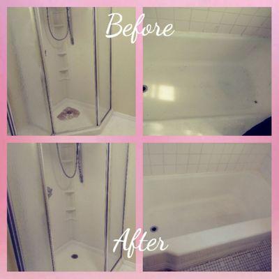 Before and after on a bathtub and standing shower clean