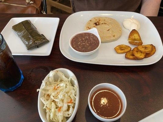 The #3, Tamale, Papusas, beans and rice, and of course, fried plantains!