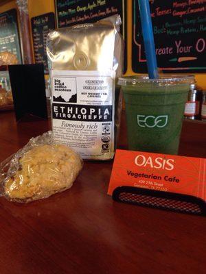 Peach scone w/lemon glaze , tropic tease smoothie w/added maca powder and Big Bend coffee