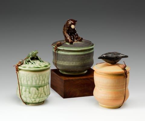 Functional sculpture by Carolyn Dilcher-Stutz-"wish pots," but there are animal themed tiles, sculpture, salt cellars, pet urns and more!